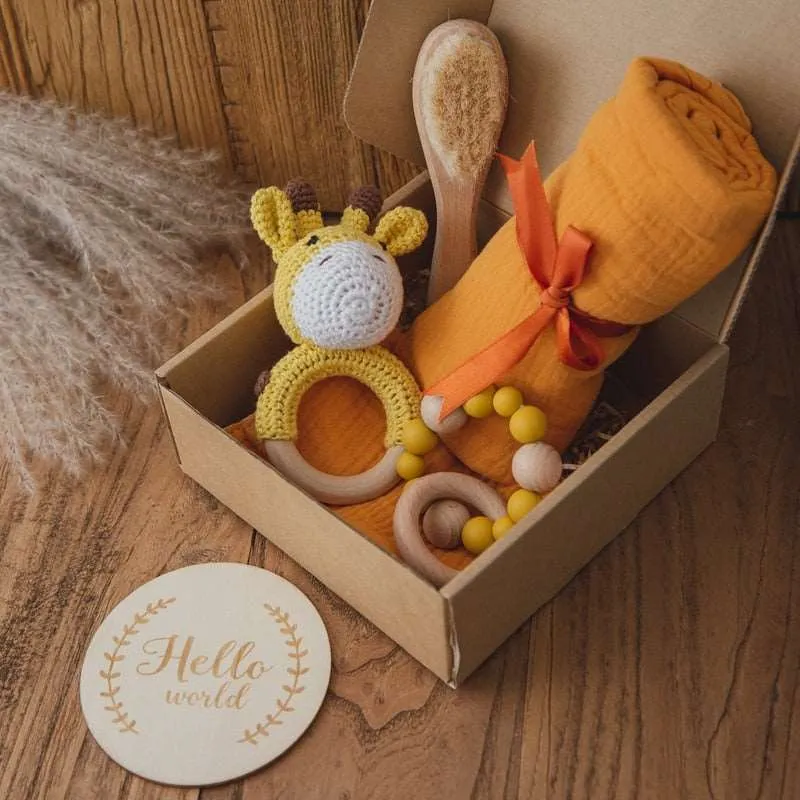 1Set Baby Bath Toy Set Towel Wooden Rattle Bracelet Crochet Products Newborn Bed Bell