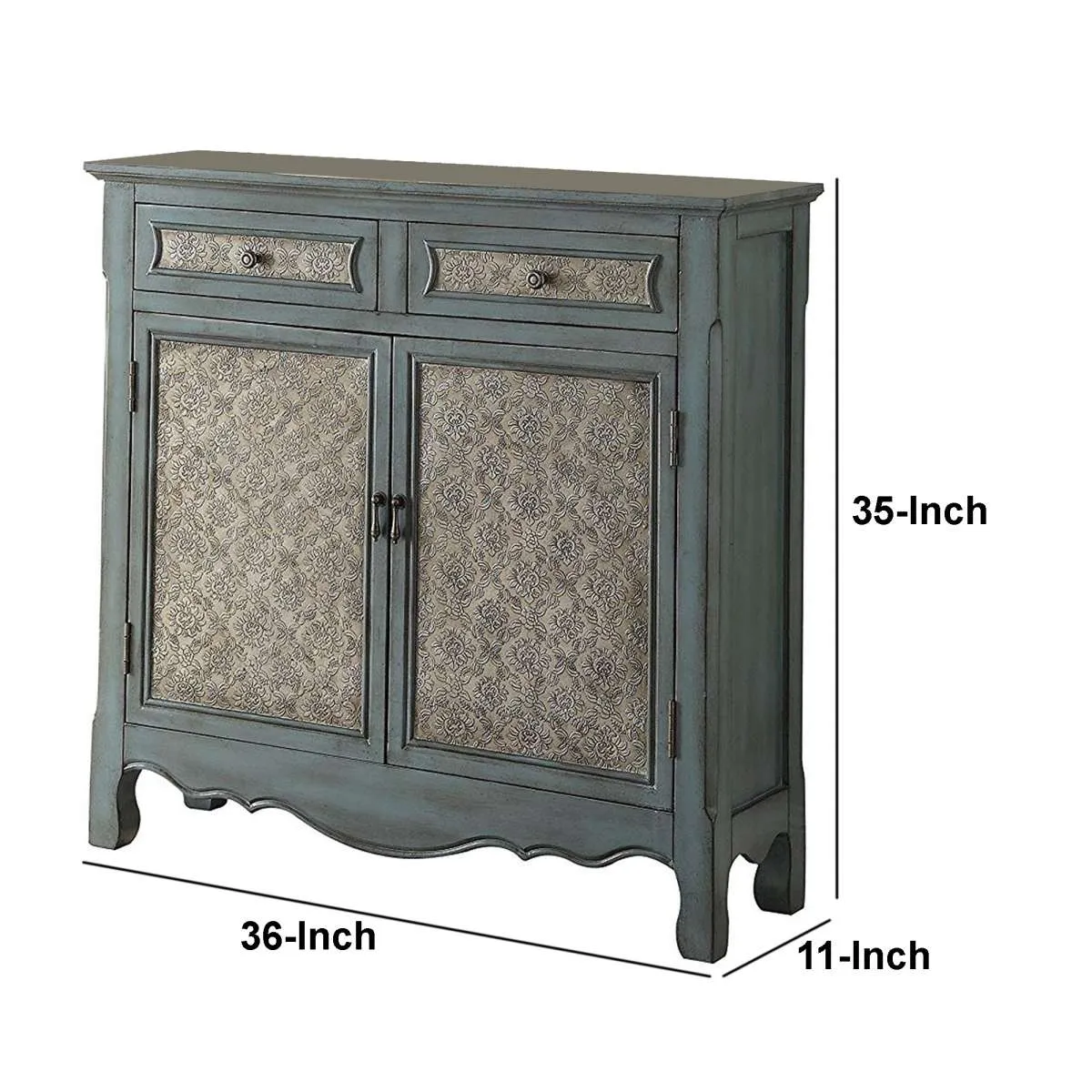 2 Door Cabinet Wooden Console Table With Scalloped Apron, Distressed Blue  By Benzara
