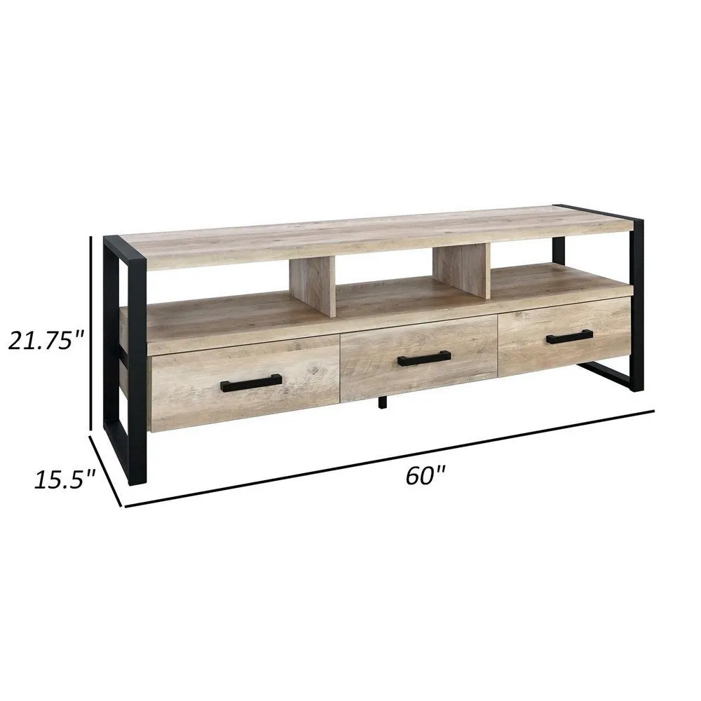 Anny 60 Inch TV Media Entertainment Center, 3 Drawers, Black, Rustic Brown By Casagear Home