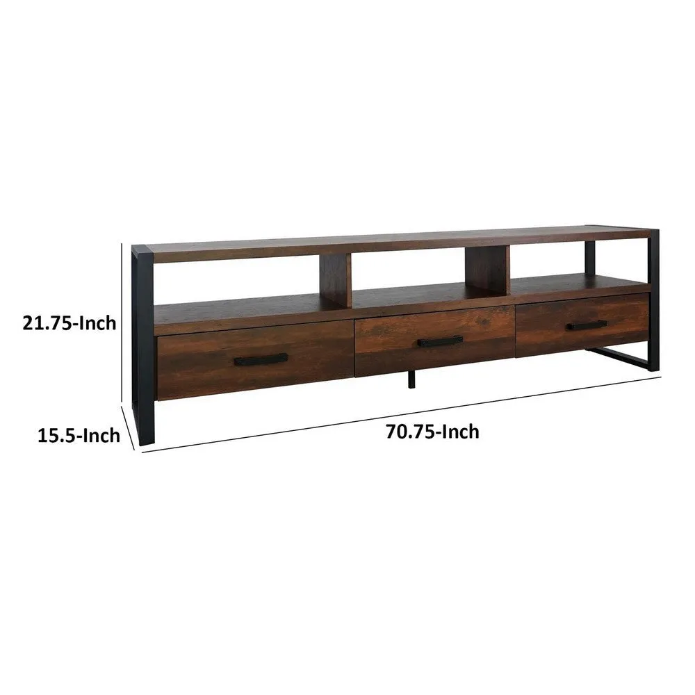 Anny 71 Inch TV Media Entertainment Center, 3 Drawers, Black, Dark Brown By Casagear Home
