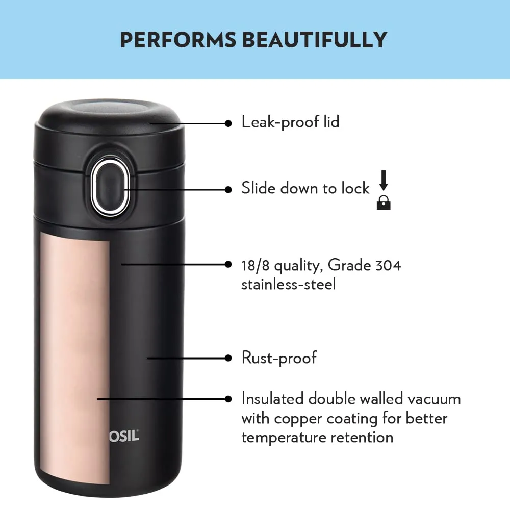 Borosil Stainless Steel Hydra Double Wall Vacuum Insulated Traveller Flask, (Black, 300 ml)