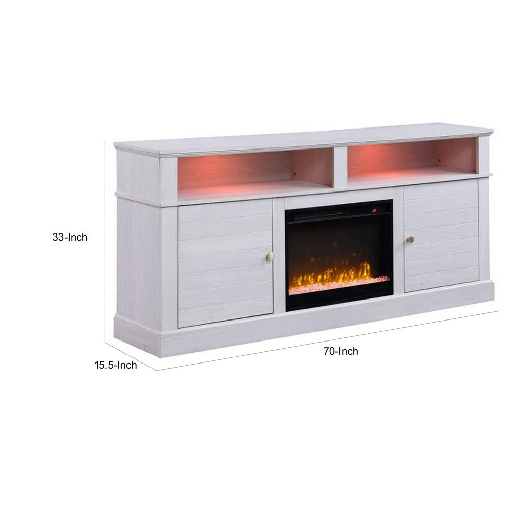 Cier 70 Inch TV Console with LED Fireplace Heater, Plinth Base, White, Gold By Casagear Home