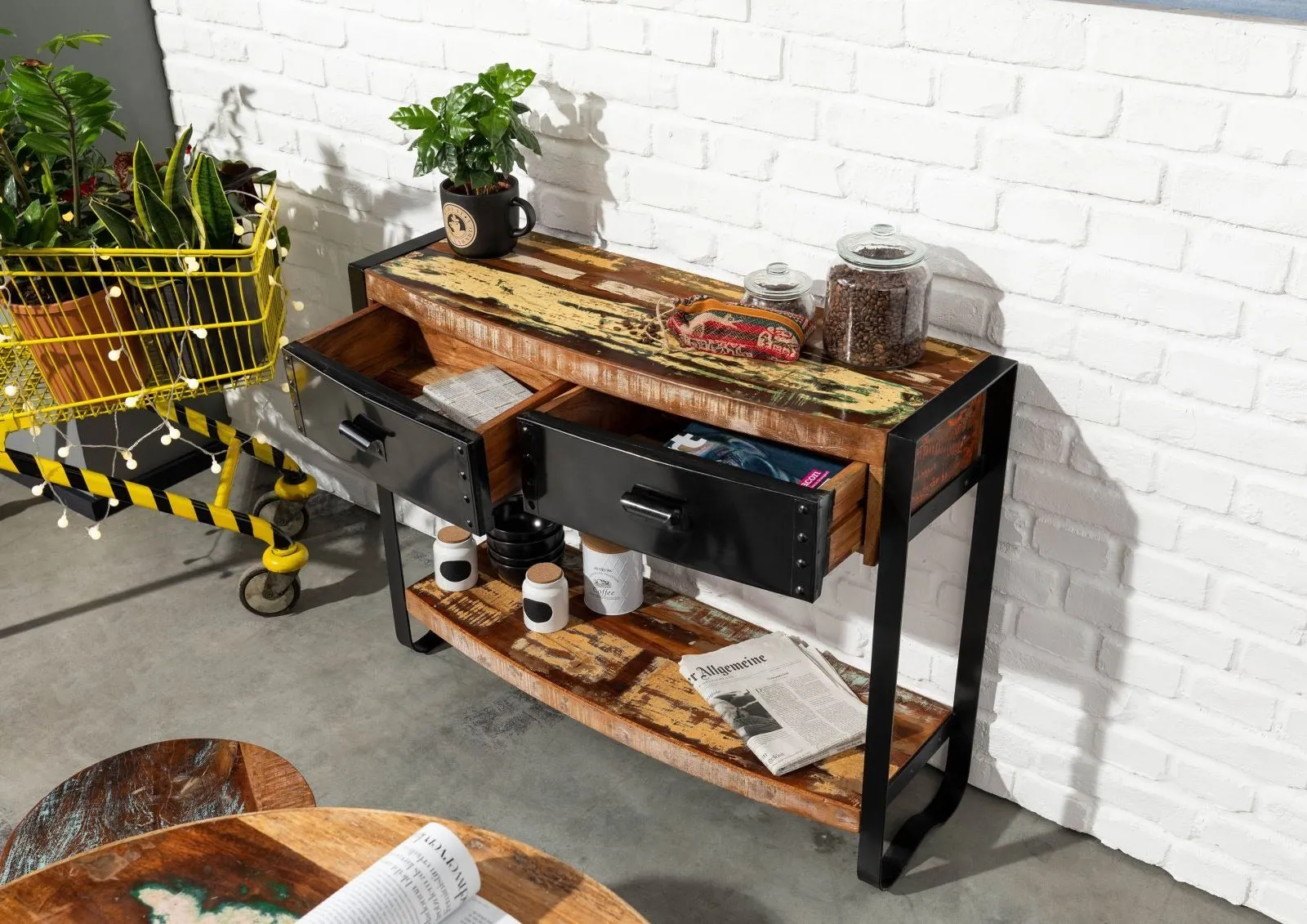 Console table reclaimed wood 105x35x80 multicolored lacquered