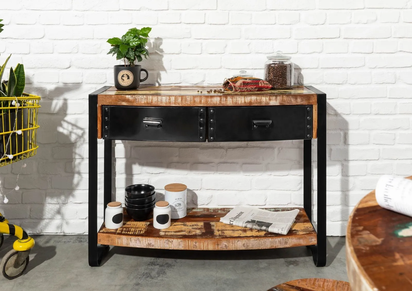 Console table reclaimed wood 105x35x80 multicolored lacquered
