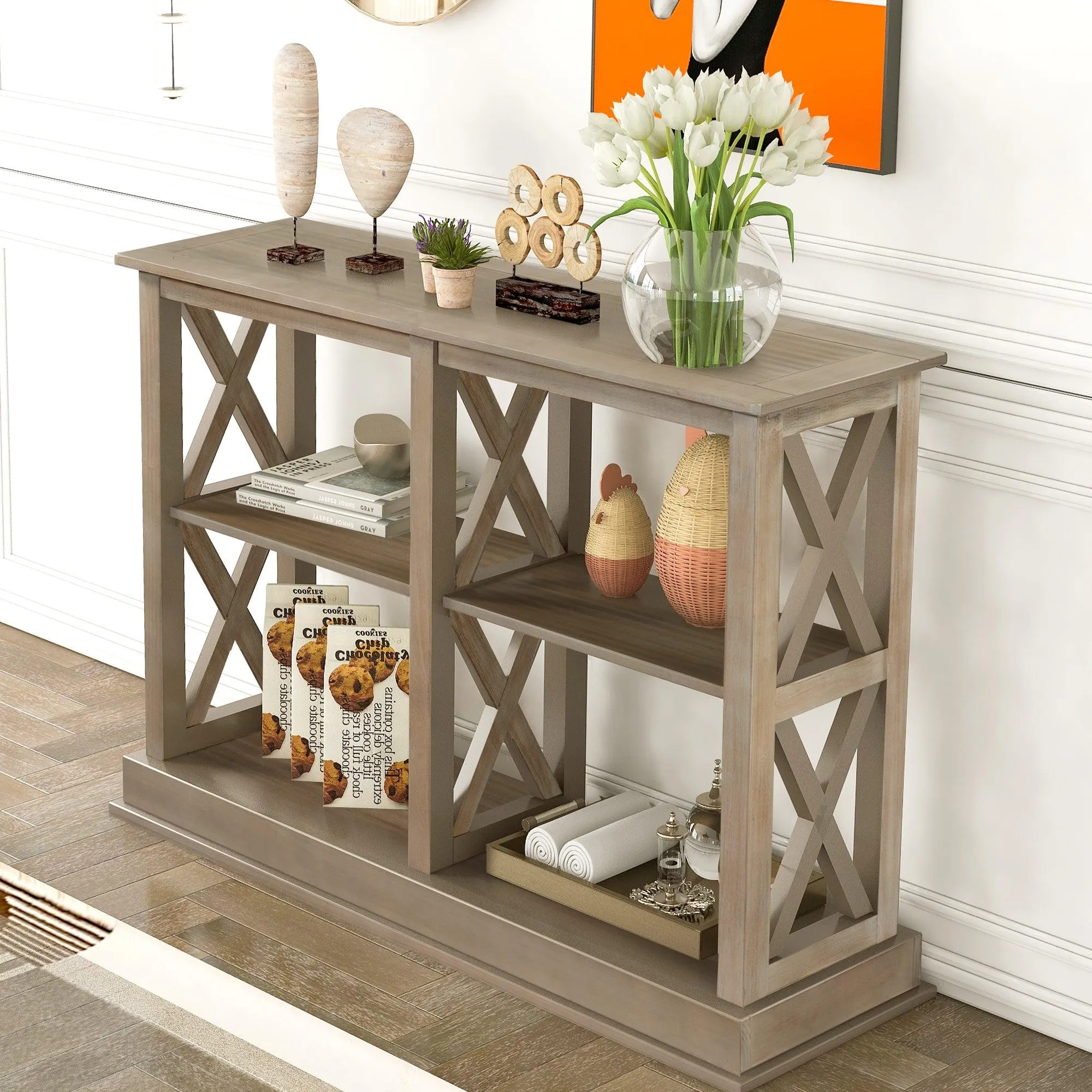 Console Table with 3-Tier Storage and “X” Legs, White Wash