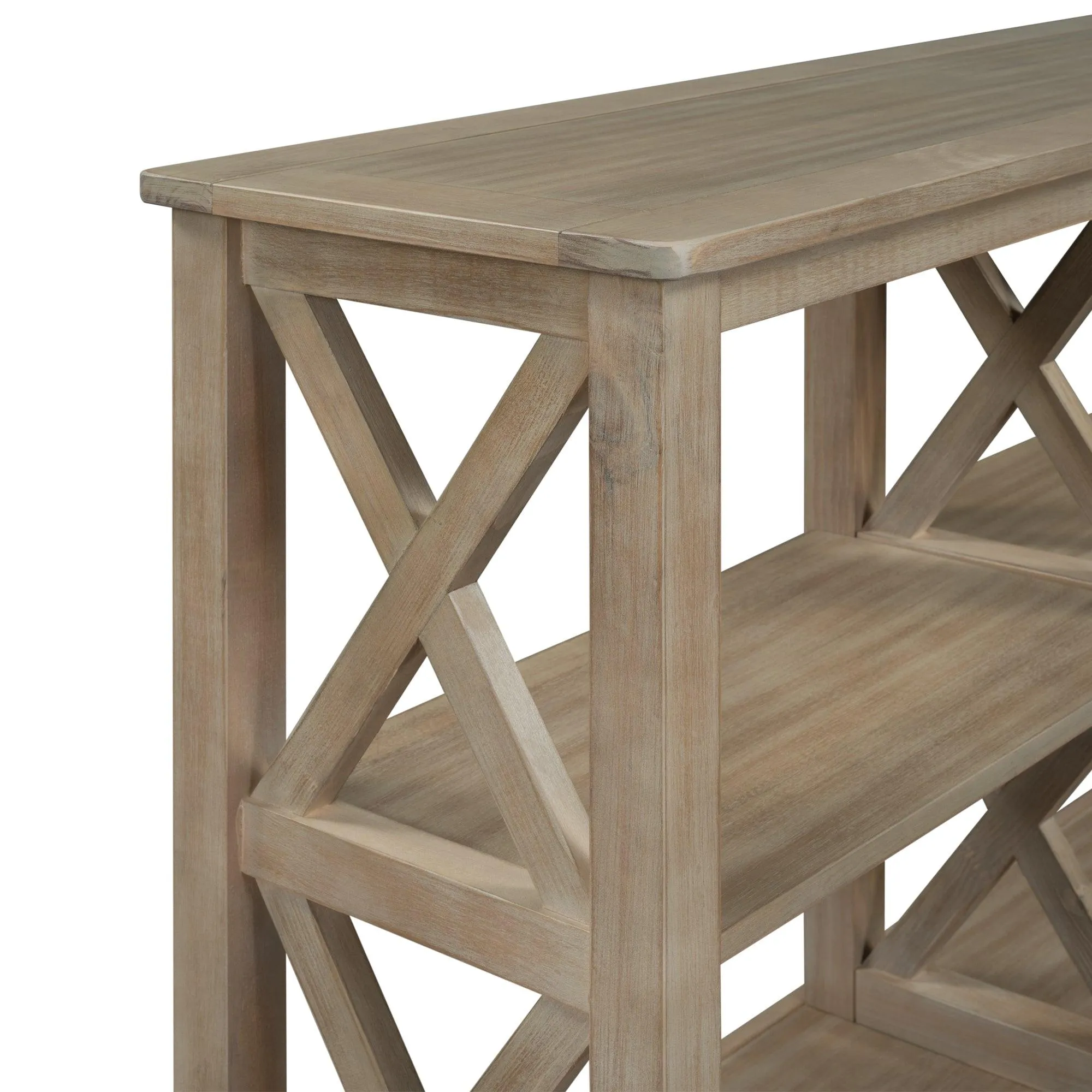 Console Table with 3-Tier Storage and “X” Legs, White Wash