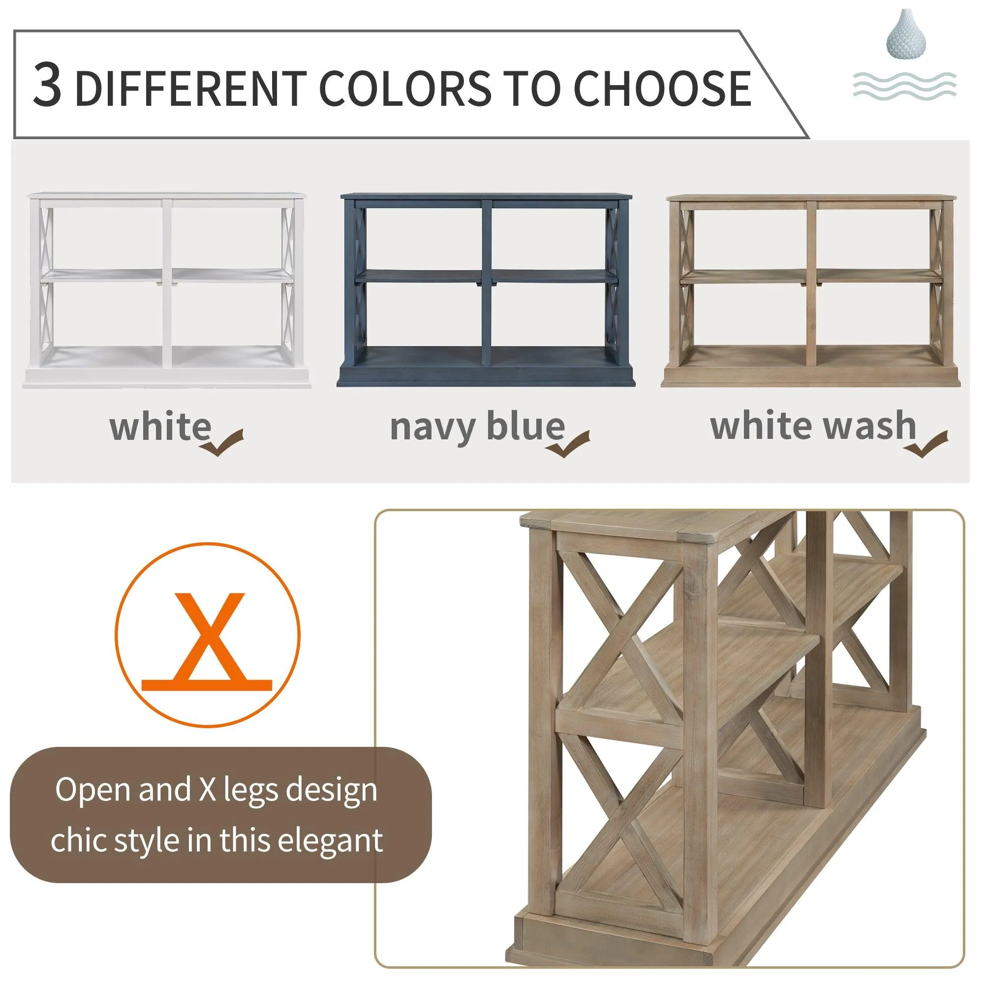 Console Table with 3-Tier Storage and “X” Legs, White Wash