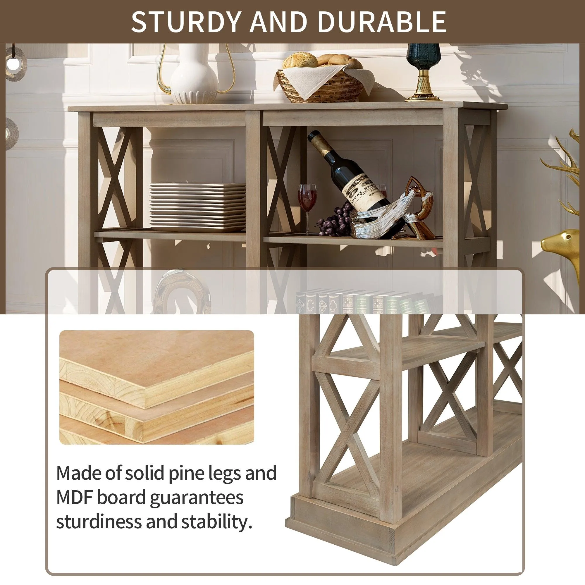 Console Table with 3-Tier Storage and “X” Legs, White Wash