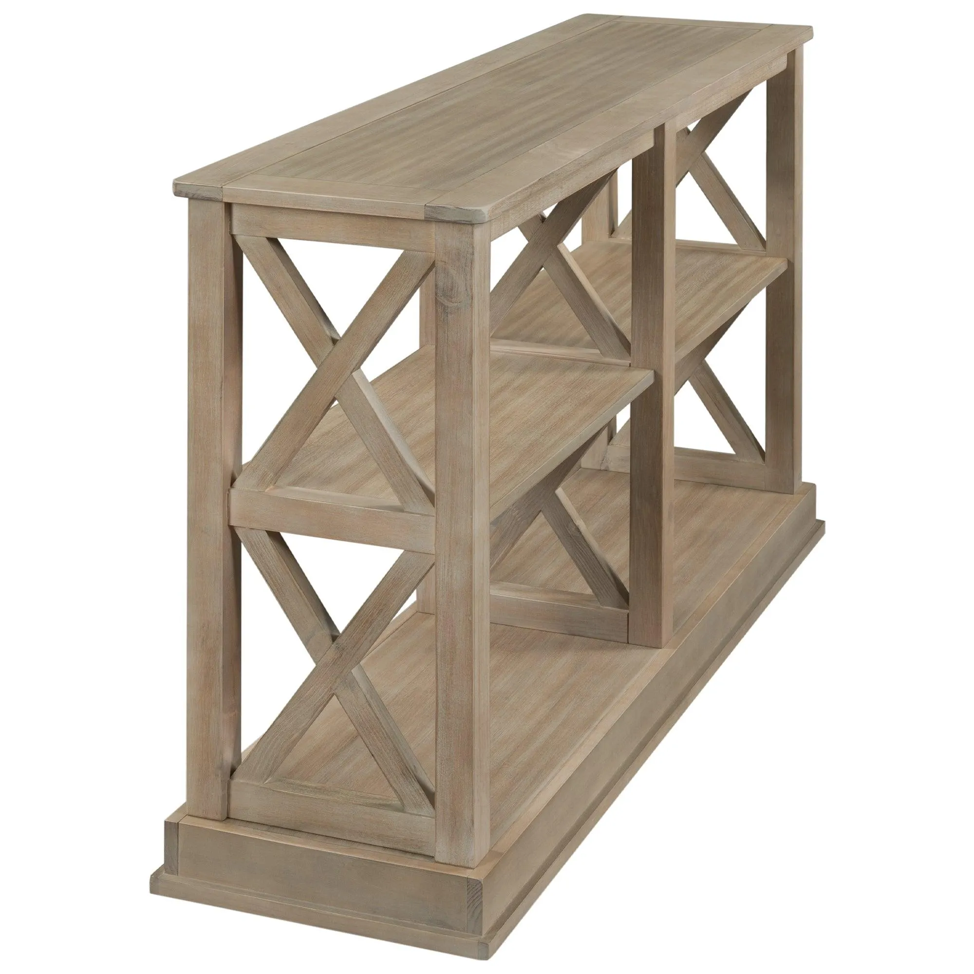 Console Table with 3-Tier Storage and “X” Legs, White Wash