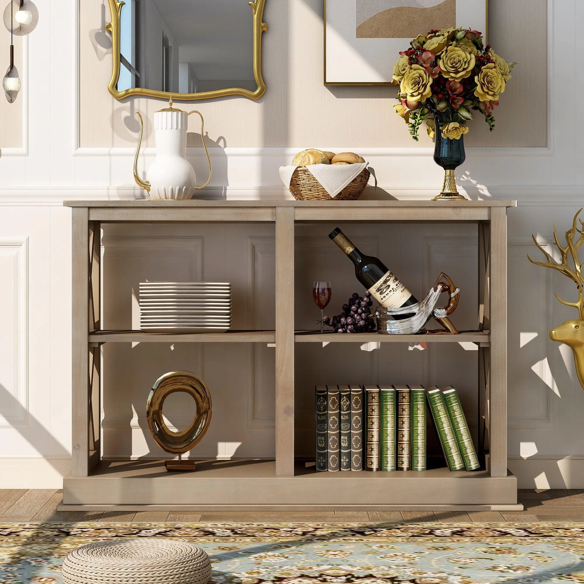 Console Table with 3-Tier Storage and “X” Legs, White Wash