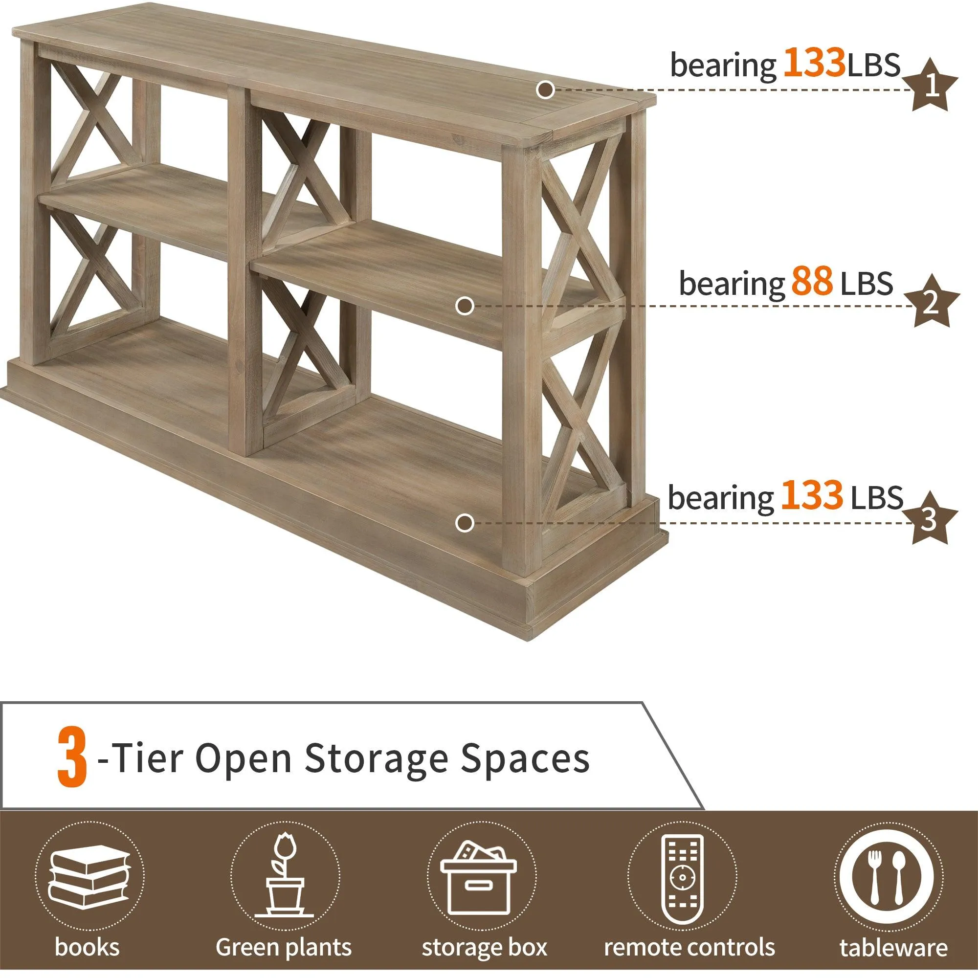 Console Table with 3-Tier Storage and “X” Legs, White Wash