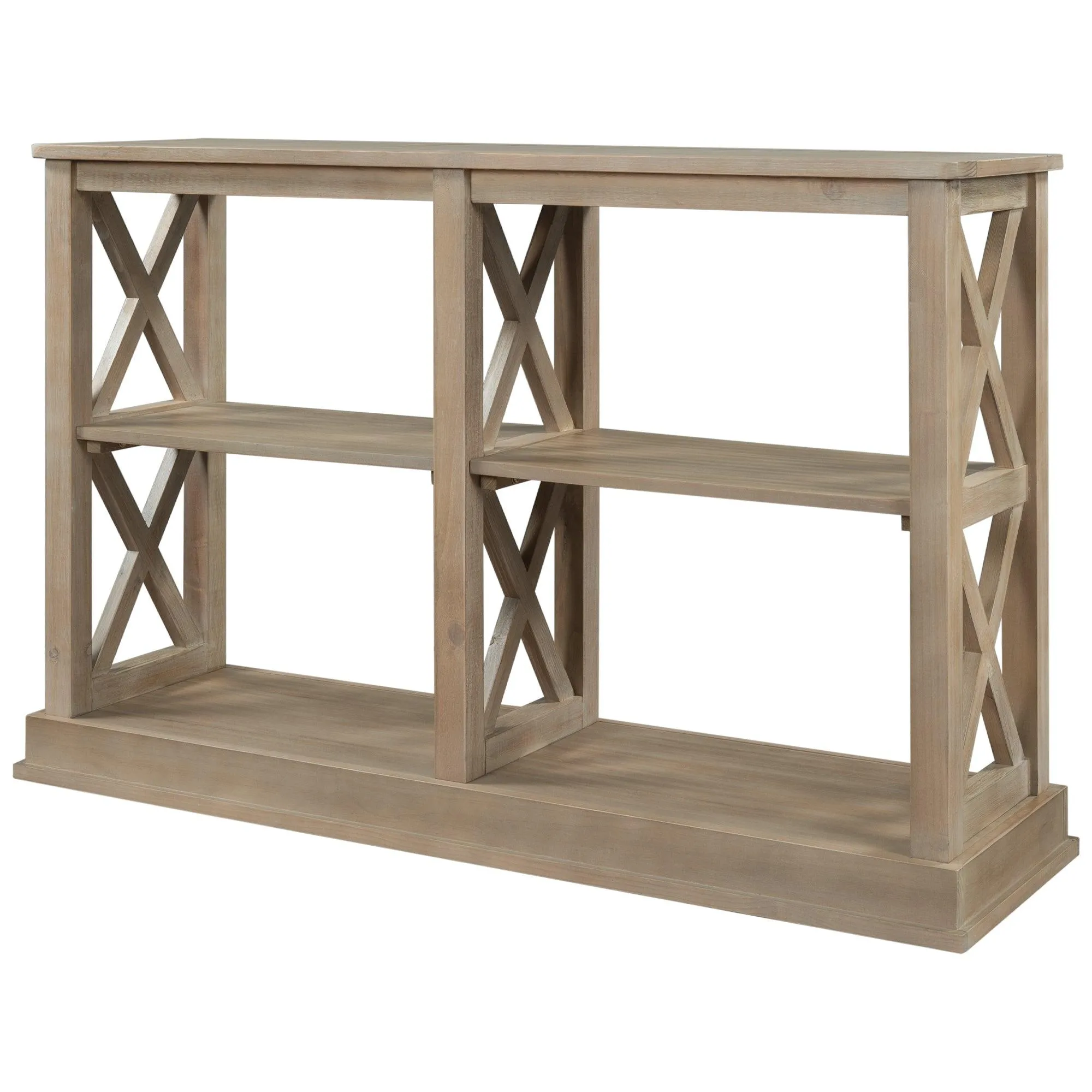 Console Table with 3-Tier Storage and “X” Legs, White Wash