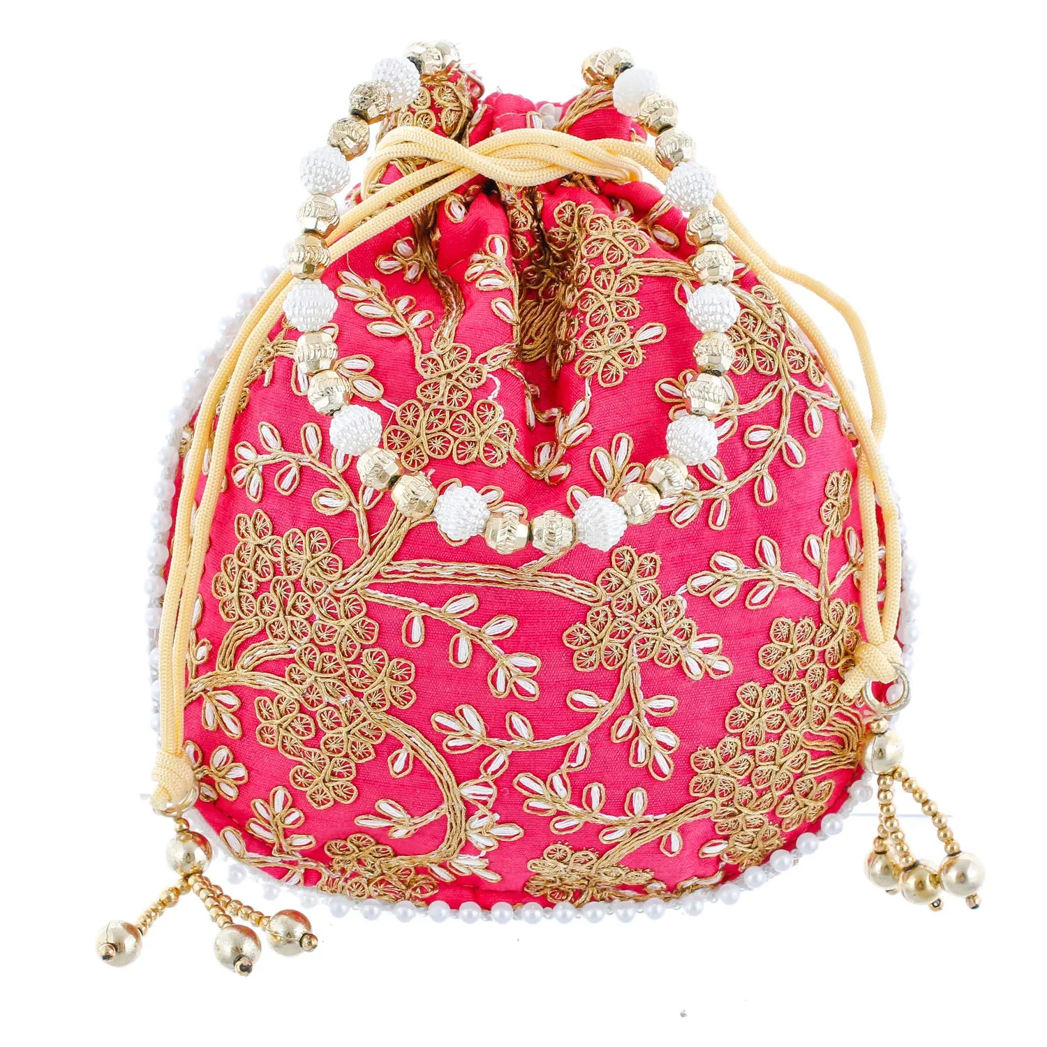 Kuber Industries Ethnic Clutch Silk 2 Pieces Potli Batwa Pouch Bag with Beadwork Gift for Women (Green & Pink) - CTKTC42151