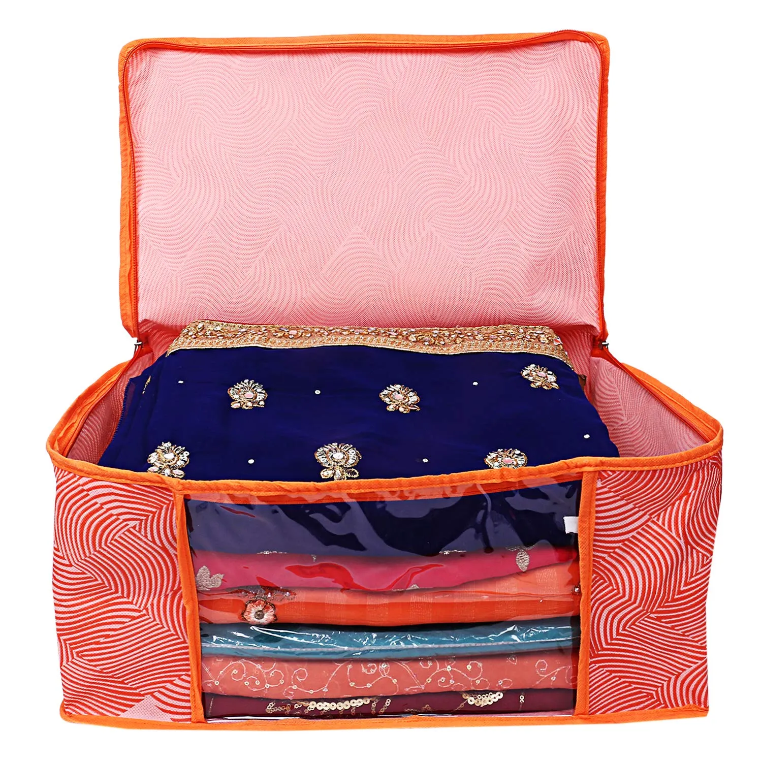 Kuber Industries Leheriya Design 4 Piece Non Woven Saree Cover, Large, Orange - CTKTC15193