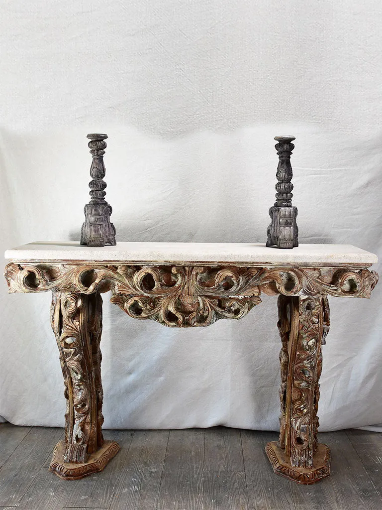 Magnificent carved console with travertine top 52" wide
