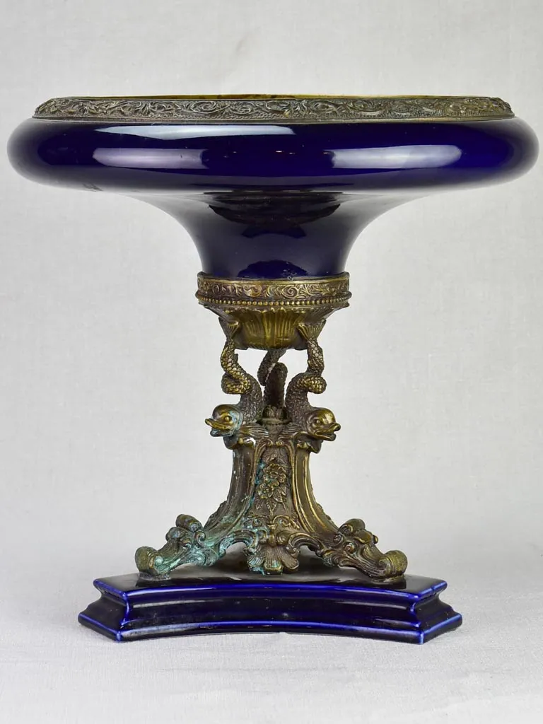 Napoleon III bronze and blue faience table centerpiece