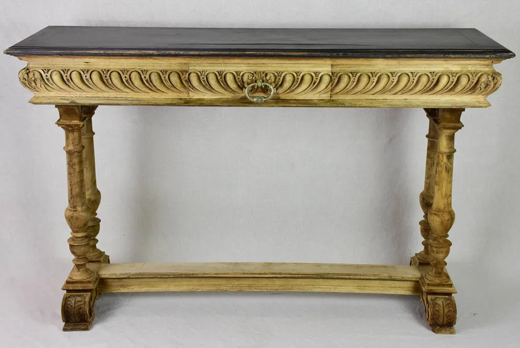 Narrow antique French console table - bleached walnut base and black painted top 15¾" x 47¼"