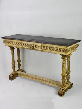 Narrow antique French console table - bleached walnut base and black painted top 15¾" x 47¼"