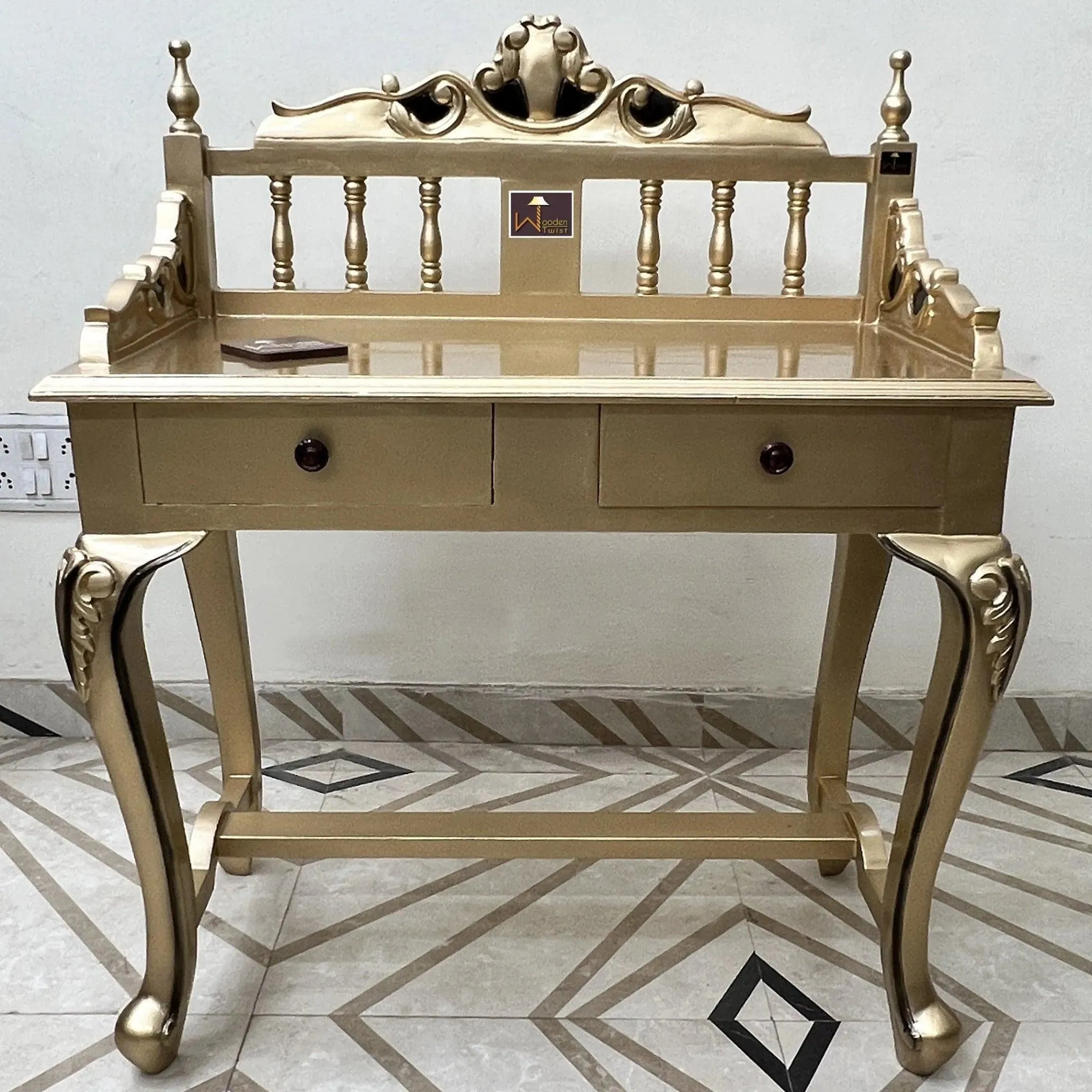 Royal Gold Carved Teak Wood Study Table with Chair