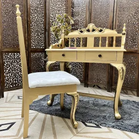 Royal Gold Carved Teak Wood Study Table with Chair