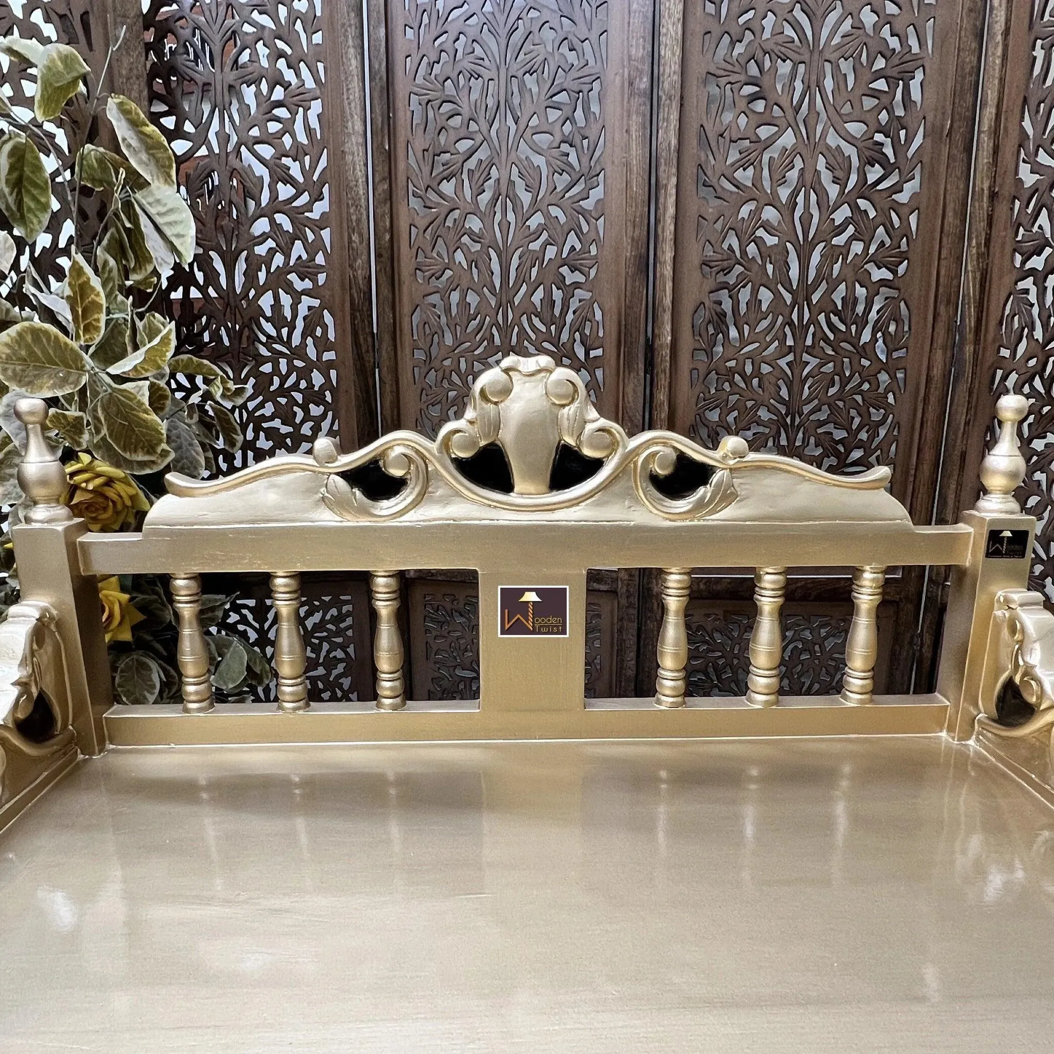 Royal Gold Carved Teak Wood Study Table with Chair