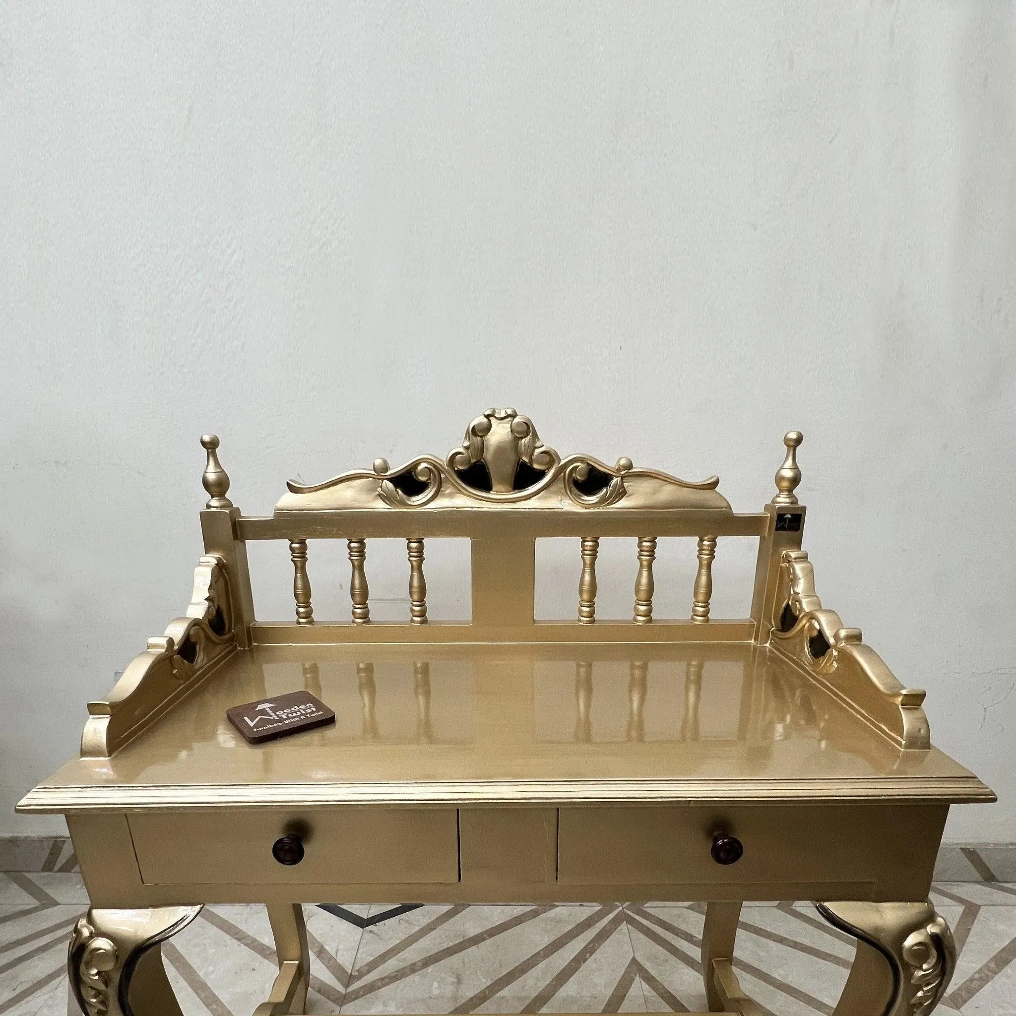Royal Gold Carved Teak Wood Study Table with Chair