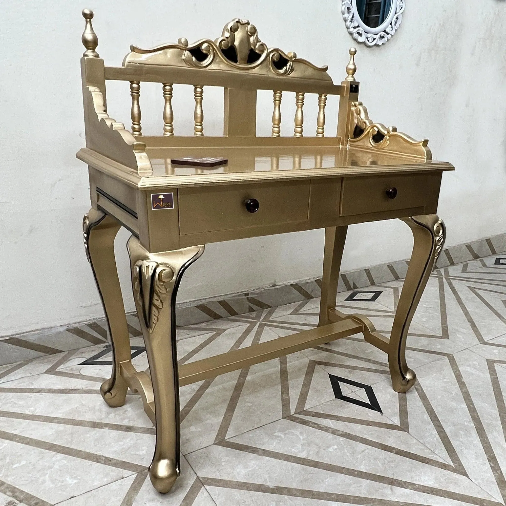 Royal Gold Carved Teak Wood Study Table with Chair