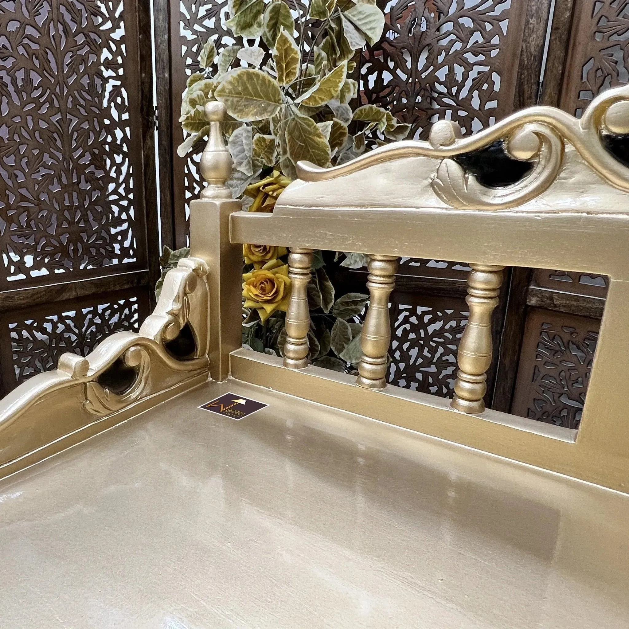 Royal Gold Carved Teak Wood Study Table with Chair