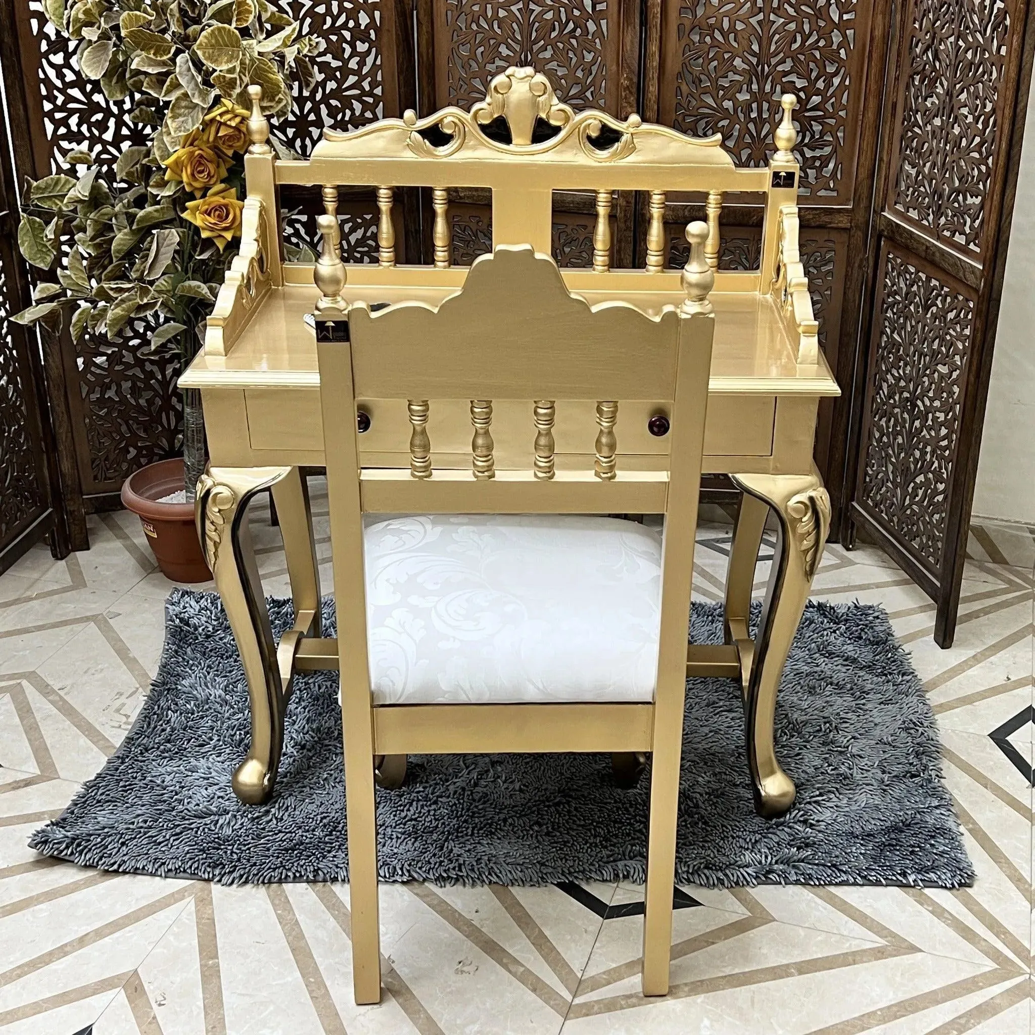 Royal Gold Carved Teak Wood Study Table with Chair