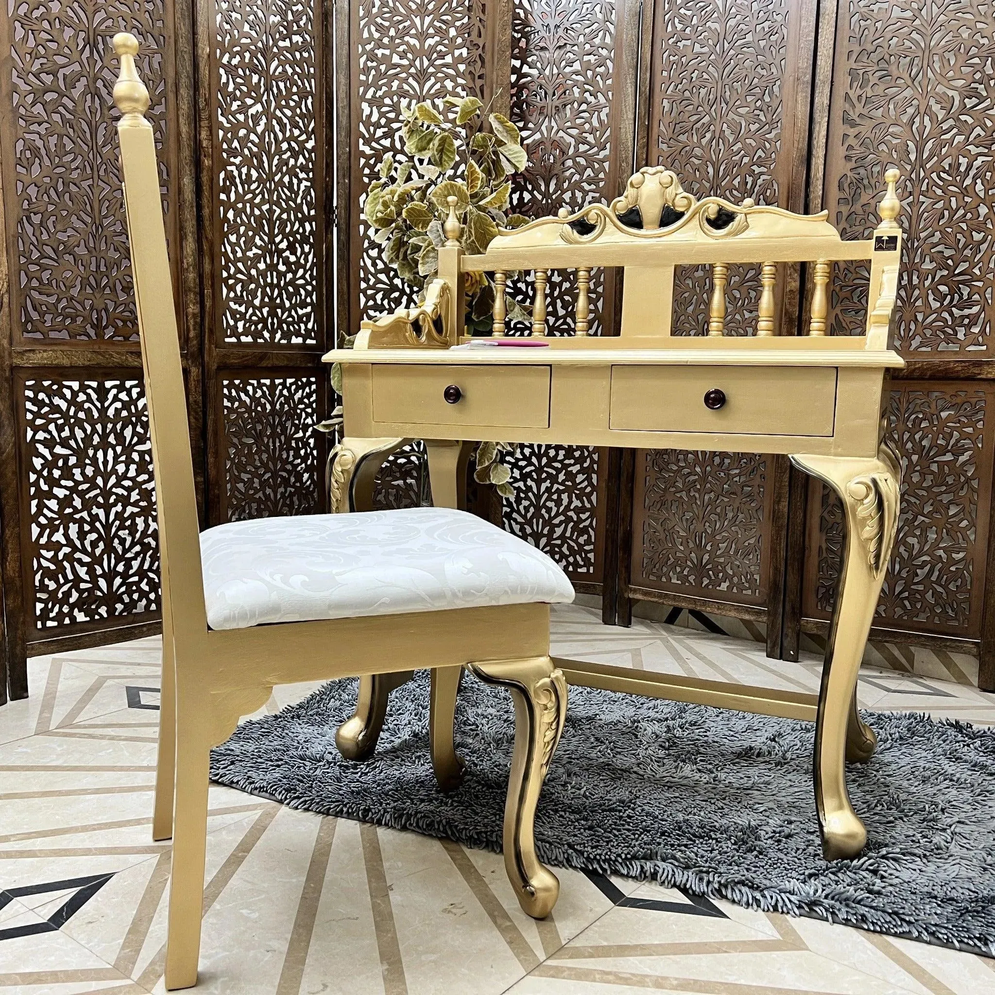 Royal Gold Carved Teak Wood Study Table with Chair