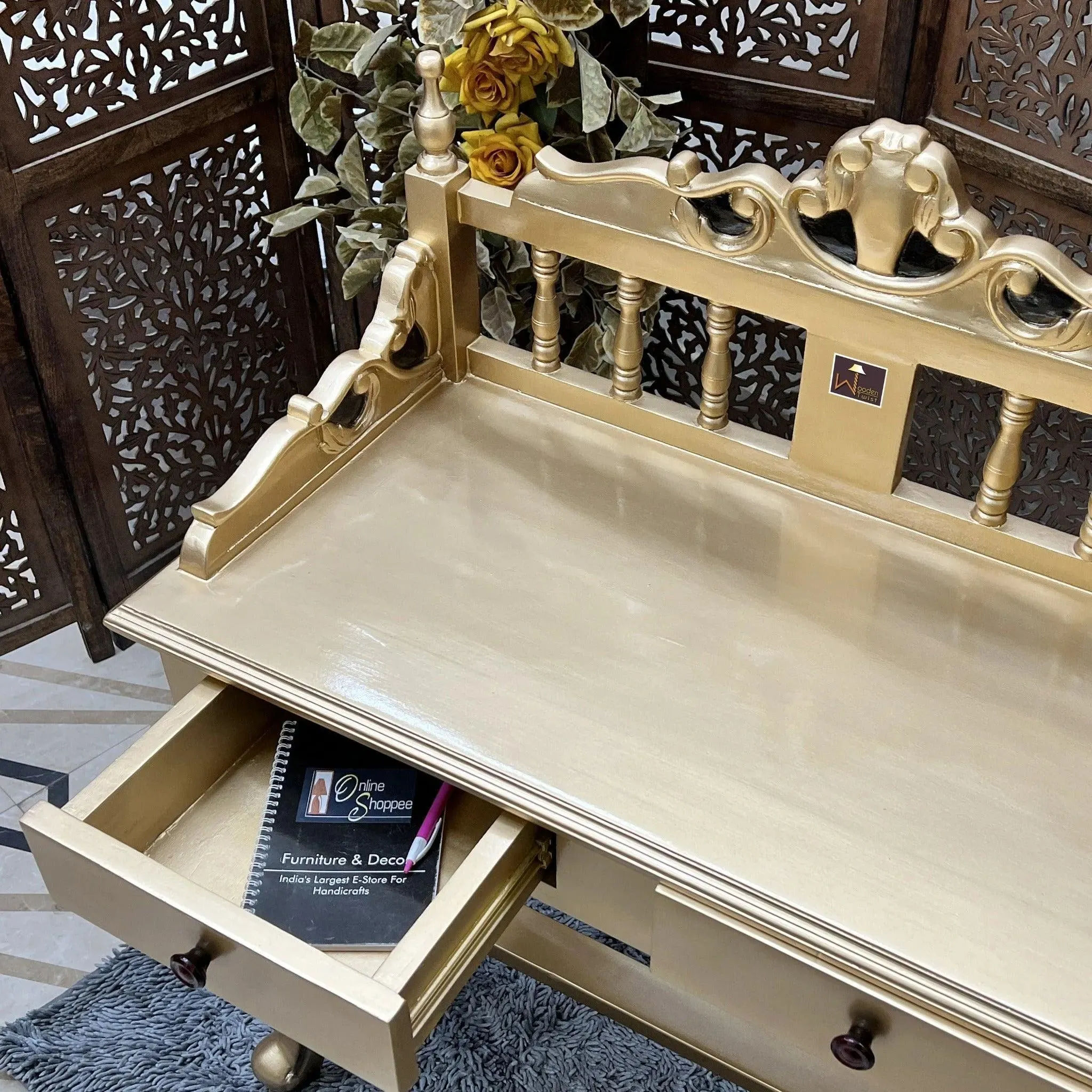 Royal Gold Carved Teak Wood Study Table with Chair
