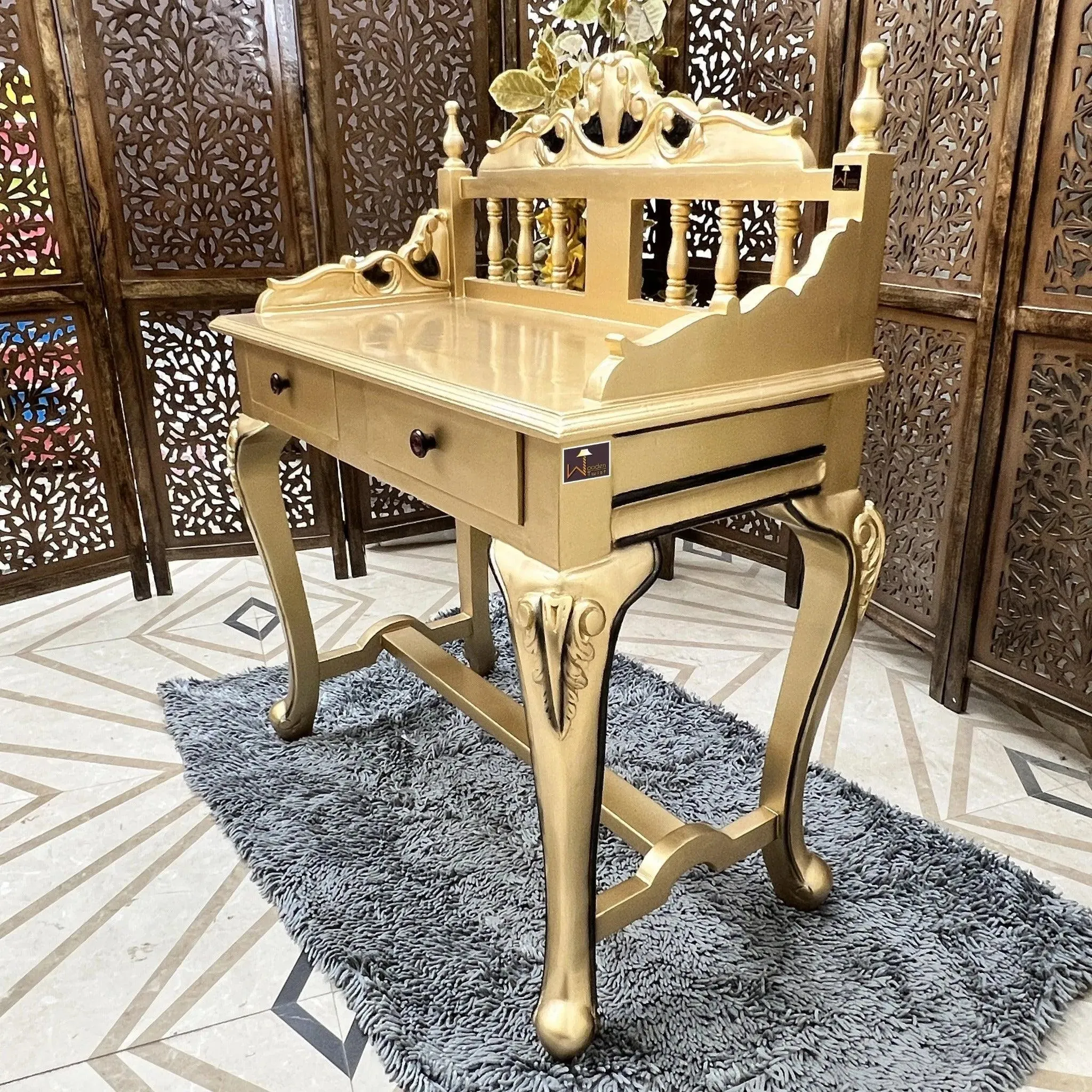 Royal Gold Carved Teak Wood Study Table with Chair