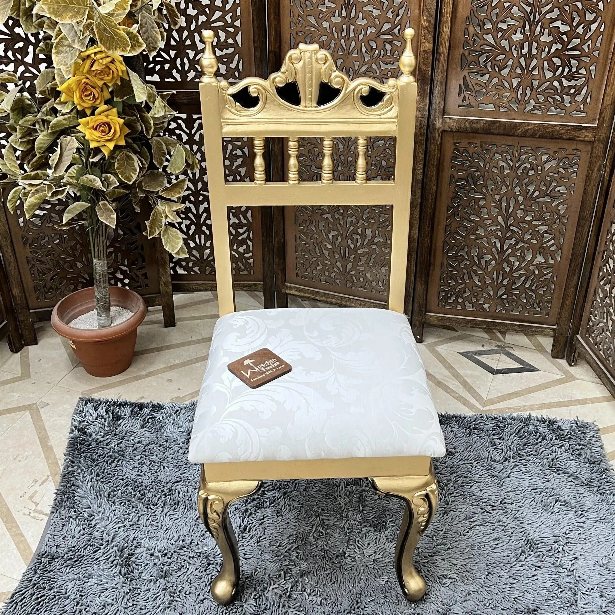 Royal Gold Carved Teak Wood Study Table with Chair