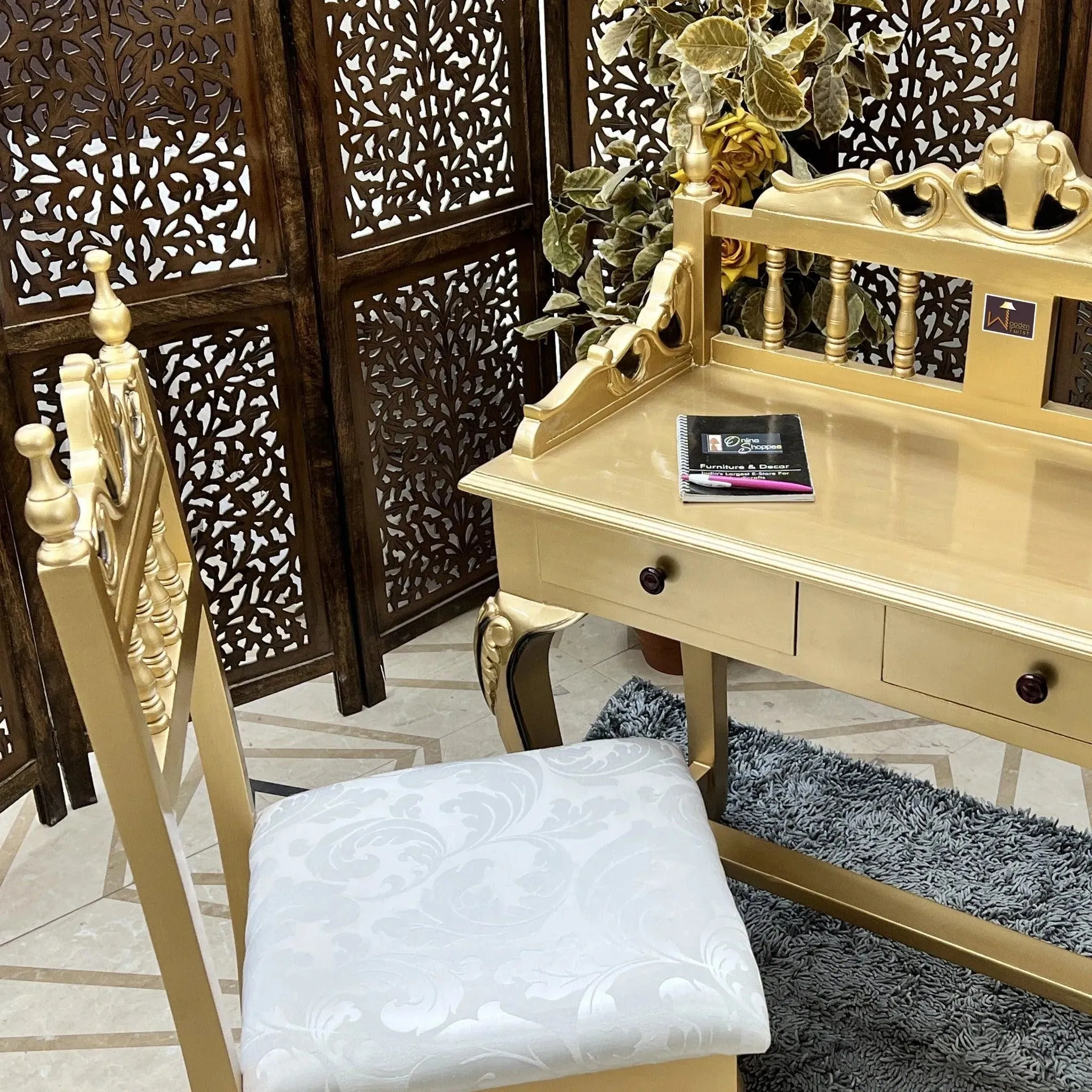 Royal Gold Carved Teak Wood Study Table with Chair