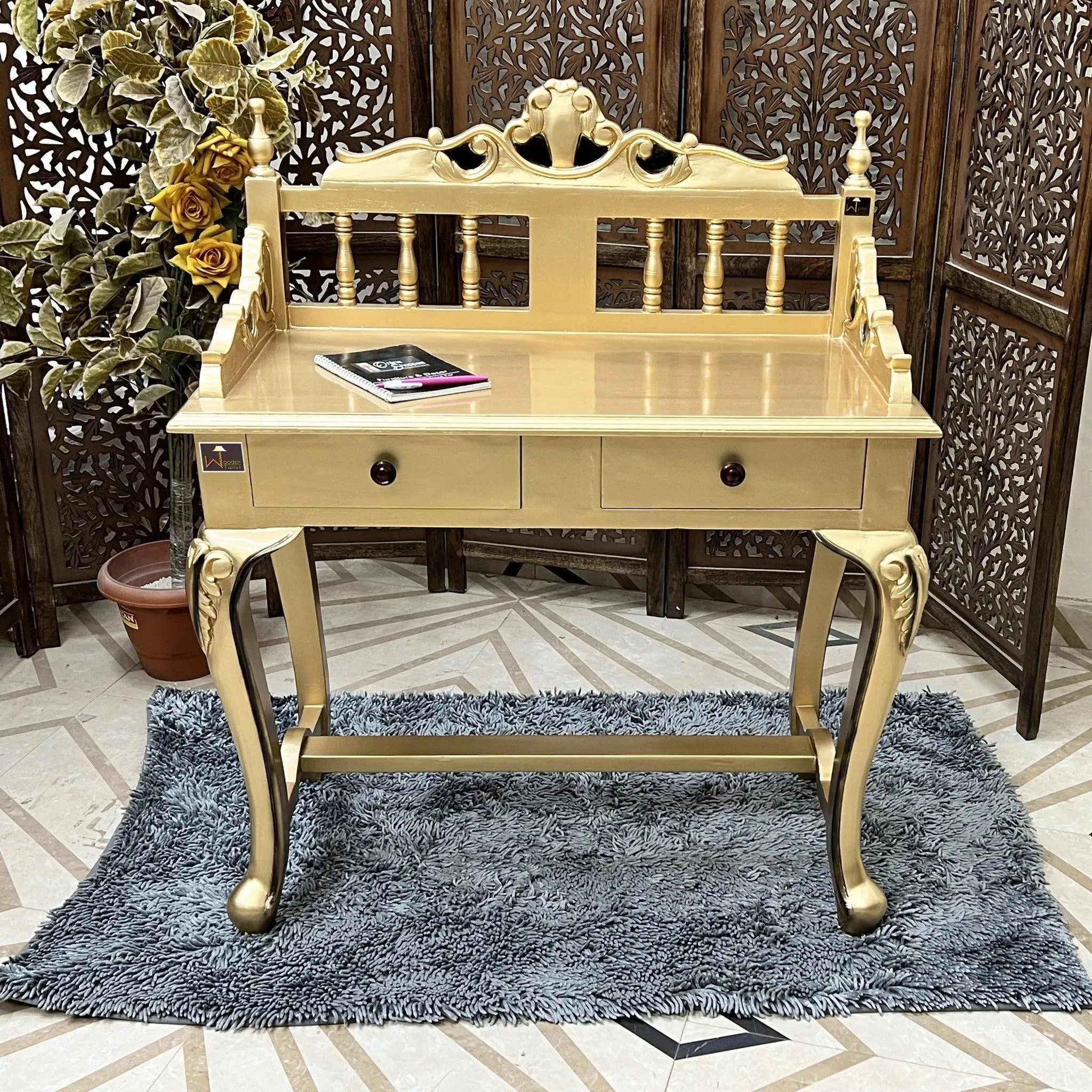 Royal Gold Carved Teak Wood Study Table with Chair