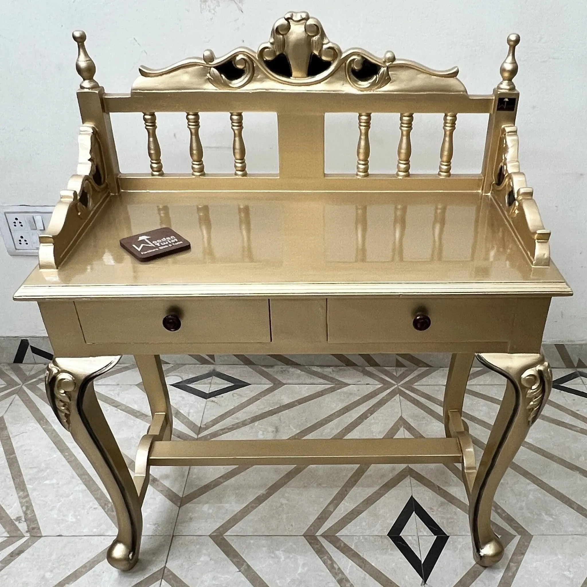 Royal Gold Carved Teak Wood Study Table with Chair