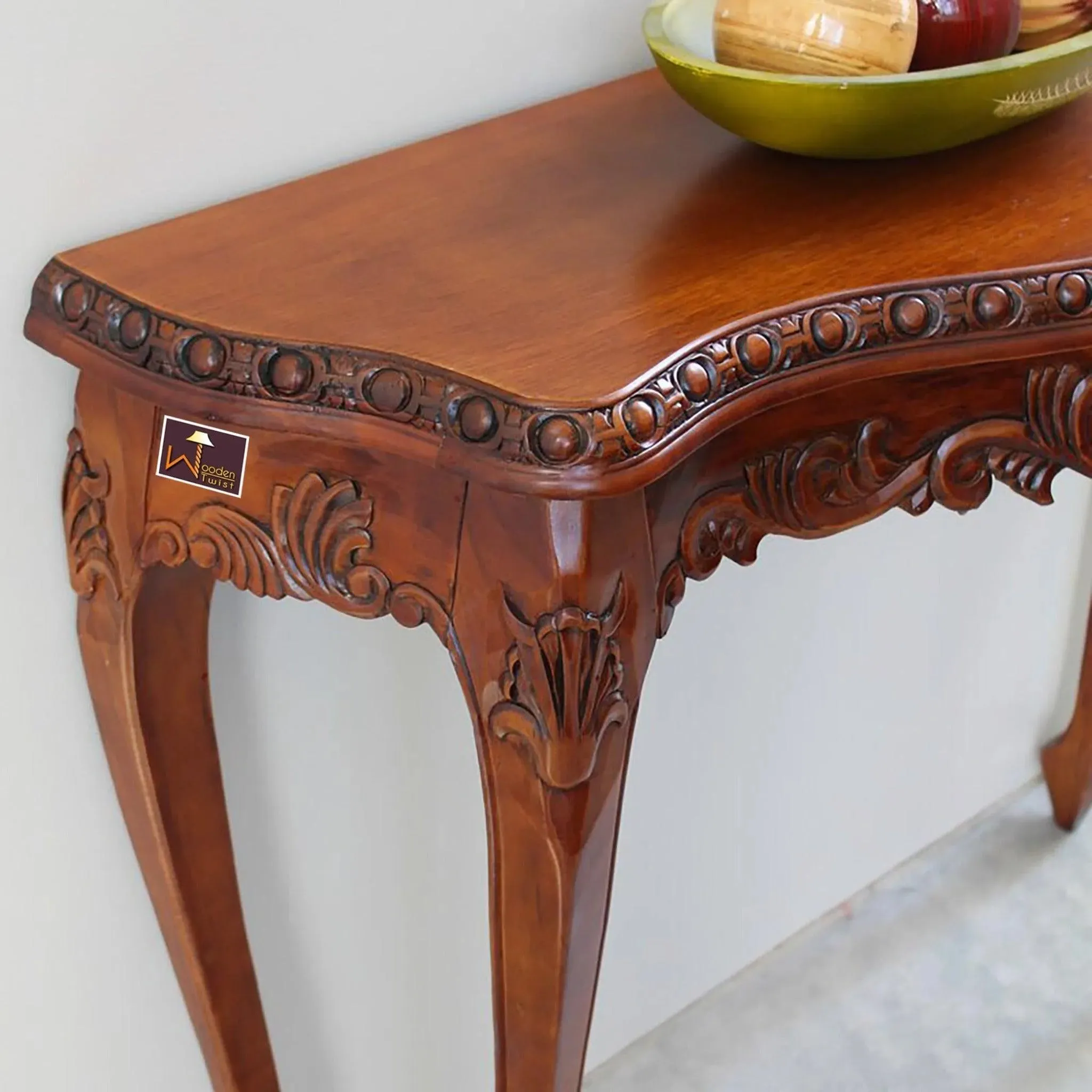 Wooden Twist Hand-Carved Teak Wood Royal Console Table Elegant Leaf Design ( Brown )