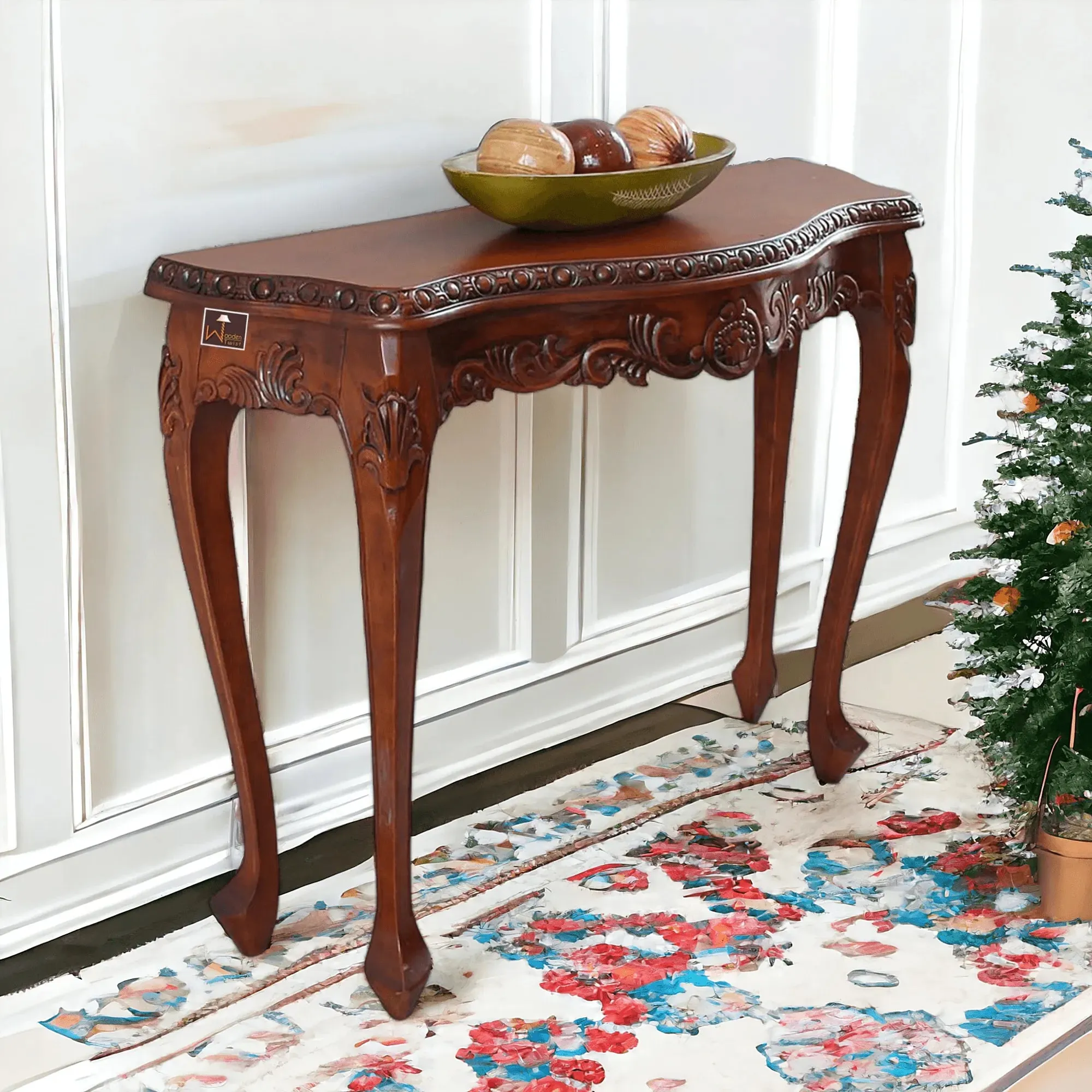 Wooden Twist Hand-Carved Teak Wood Royal Console Table Elegant Leaf Design ( Brown )
