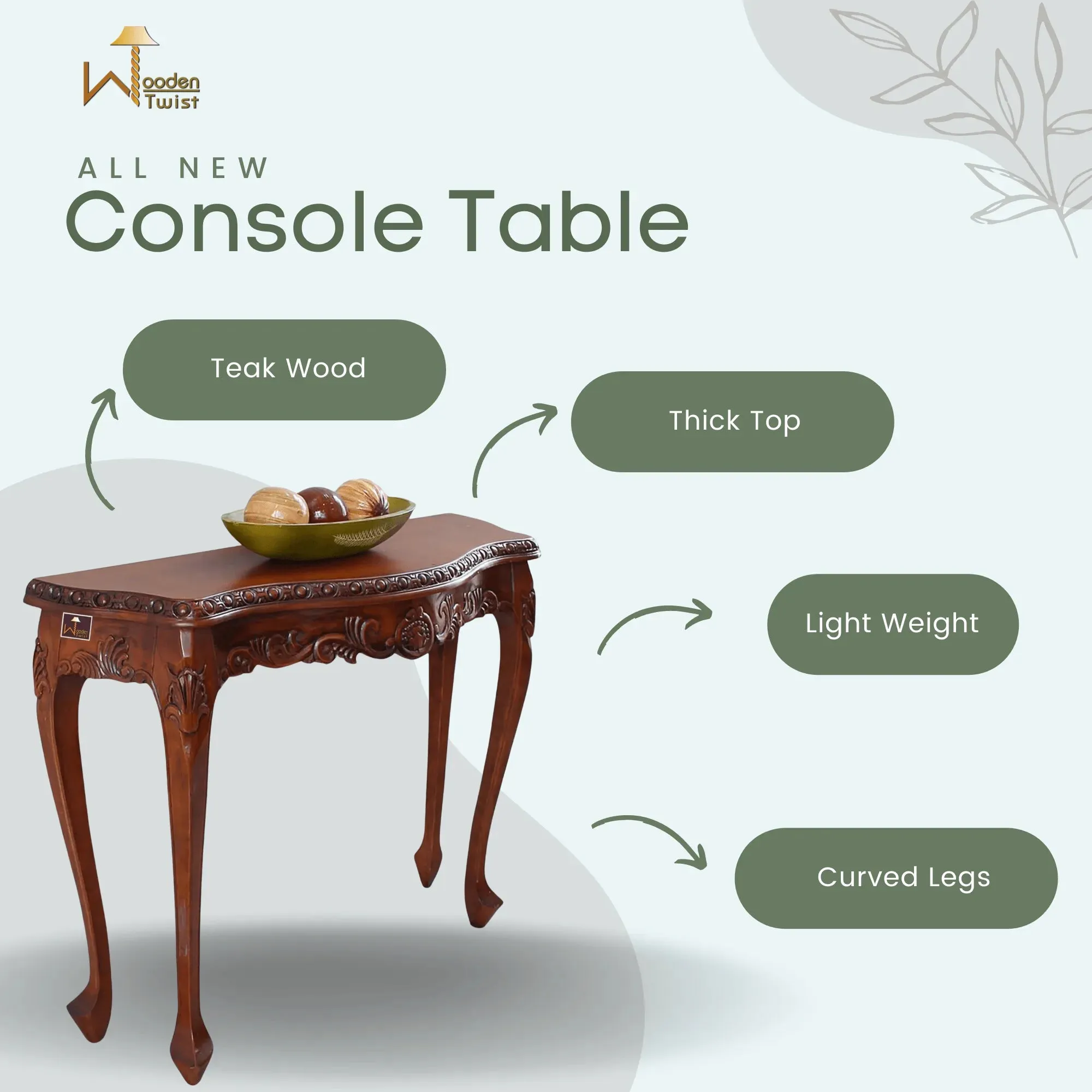 Wooden Twist Hand-Carved Teak Wood Royal Console Table Elegant Leaf Design ( Brown )