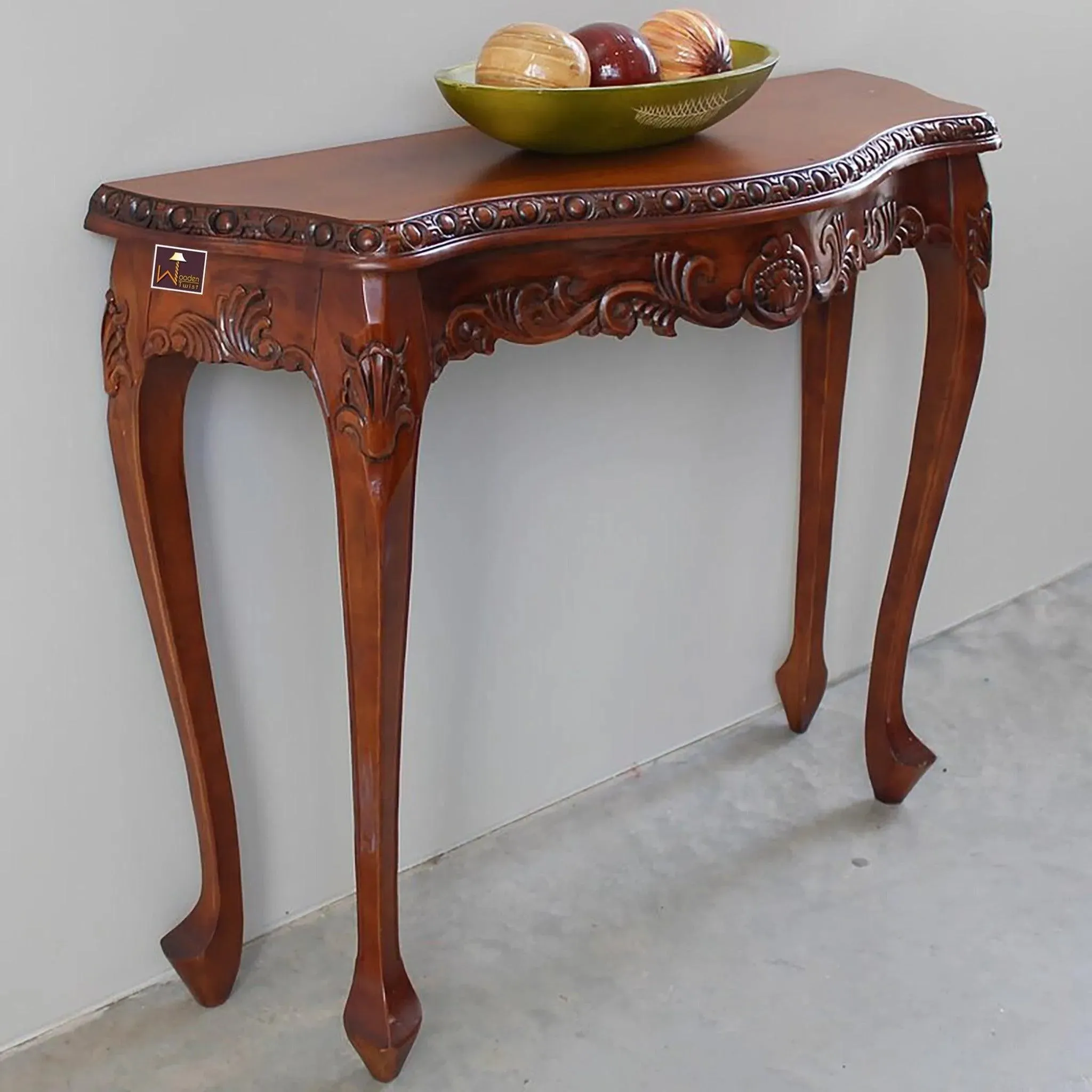 Wooden Twist Hand-Carved Teak Wood Royal Console Table Elegant Leaf Design ( Brown )